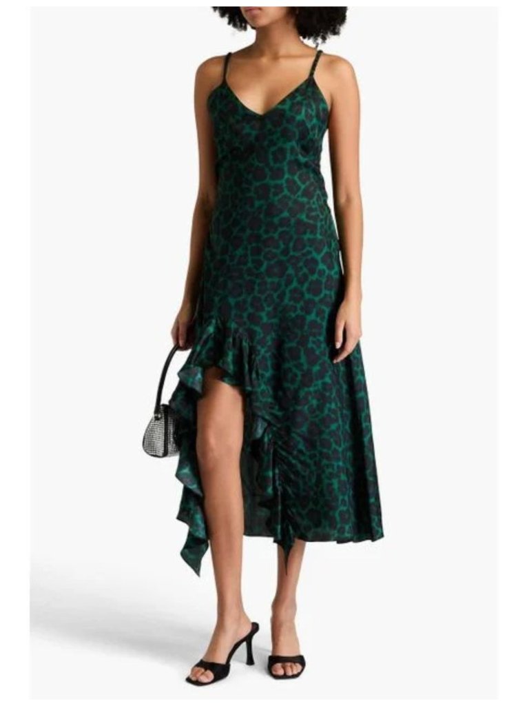 Sandro Amazonie Leopard Print Satin Midi Slip Dress Green Animal Print Us 4